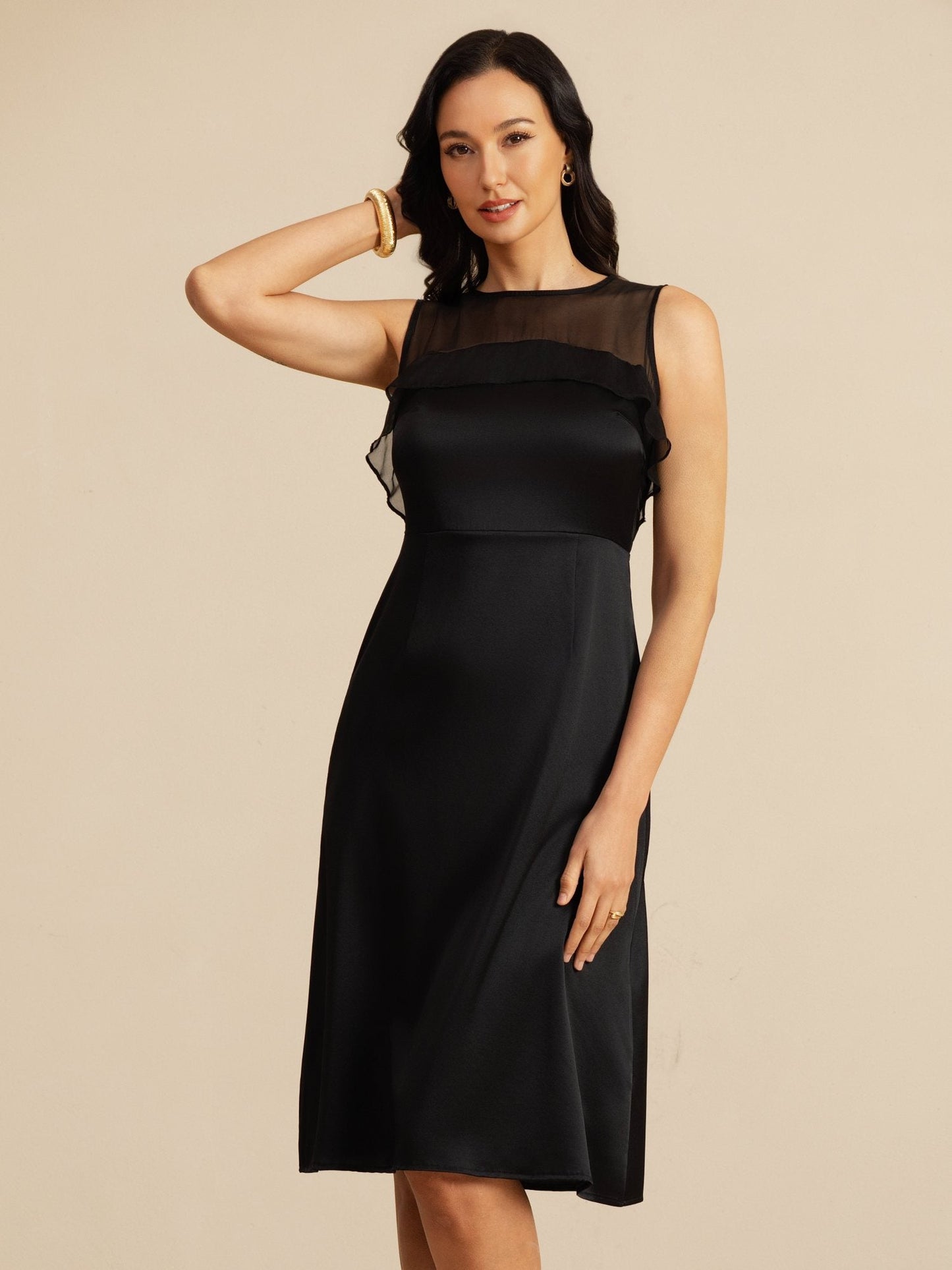 Rosstef 19Momme Pure Silk Illusion Neck Sleeveless Knee Length Giyin