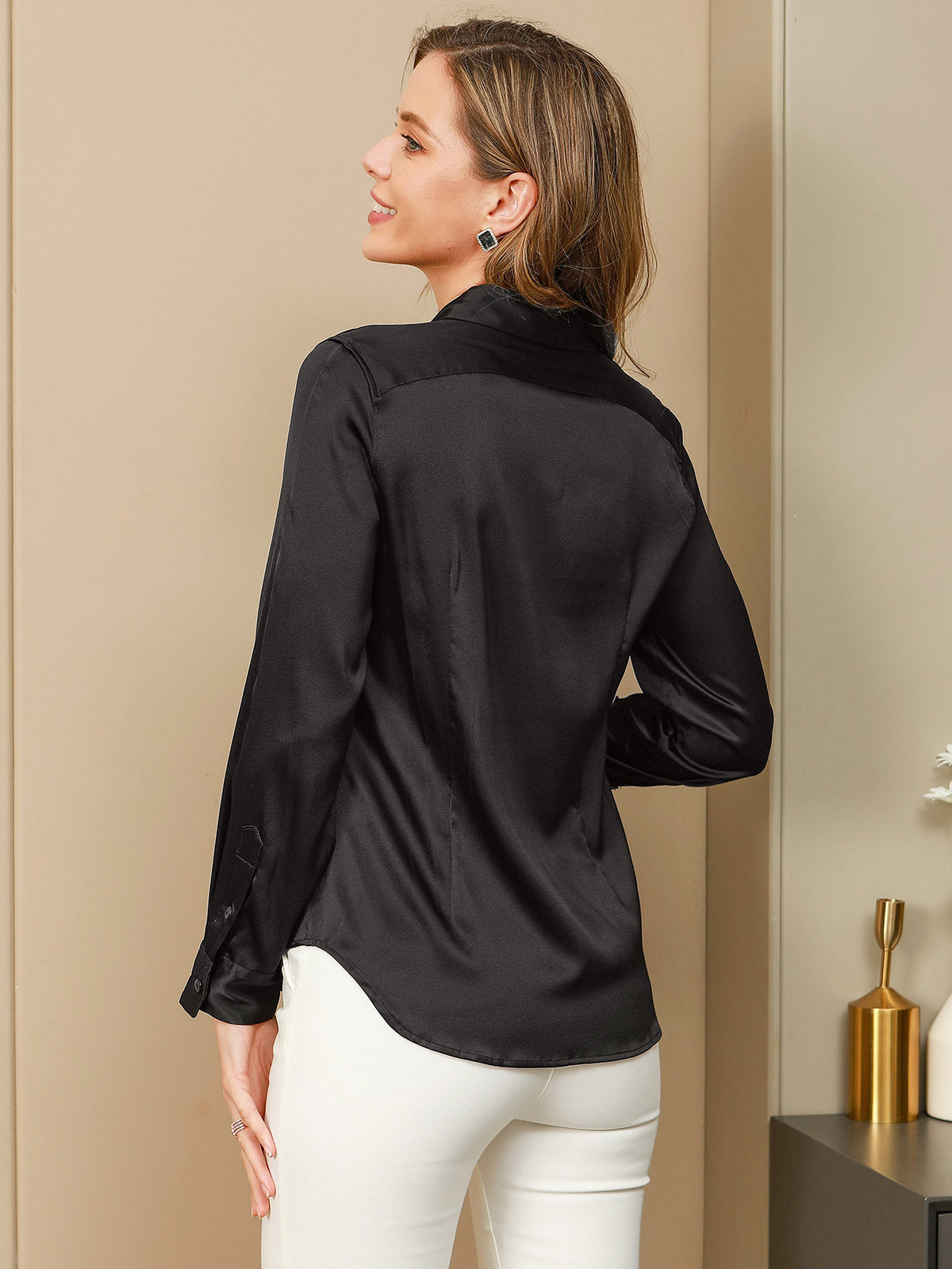 Rosstef 19Momme Silk Long Sleeve Lapel Collar Kadın Giyimi