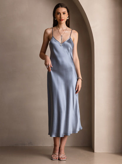 Rosstef 100% Mulberry Silk Spaghetti Strap V Neck Midi Dress