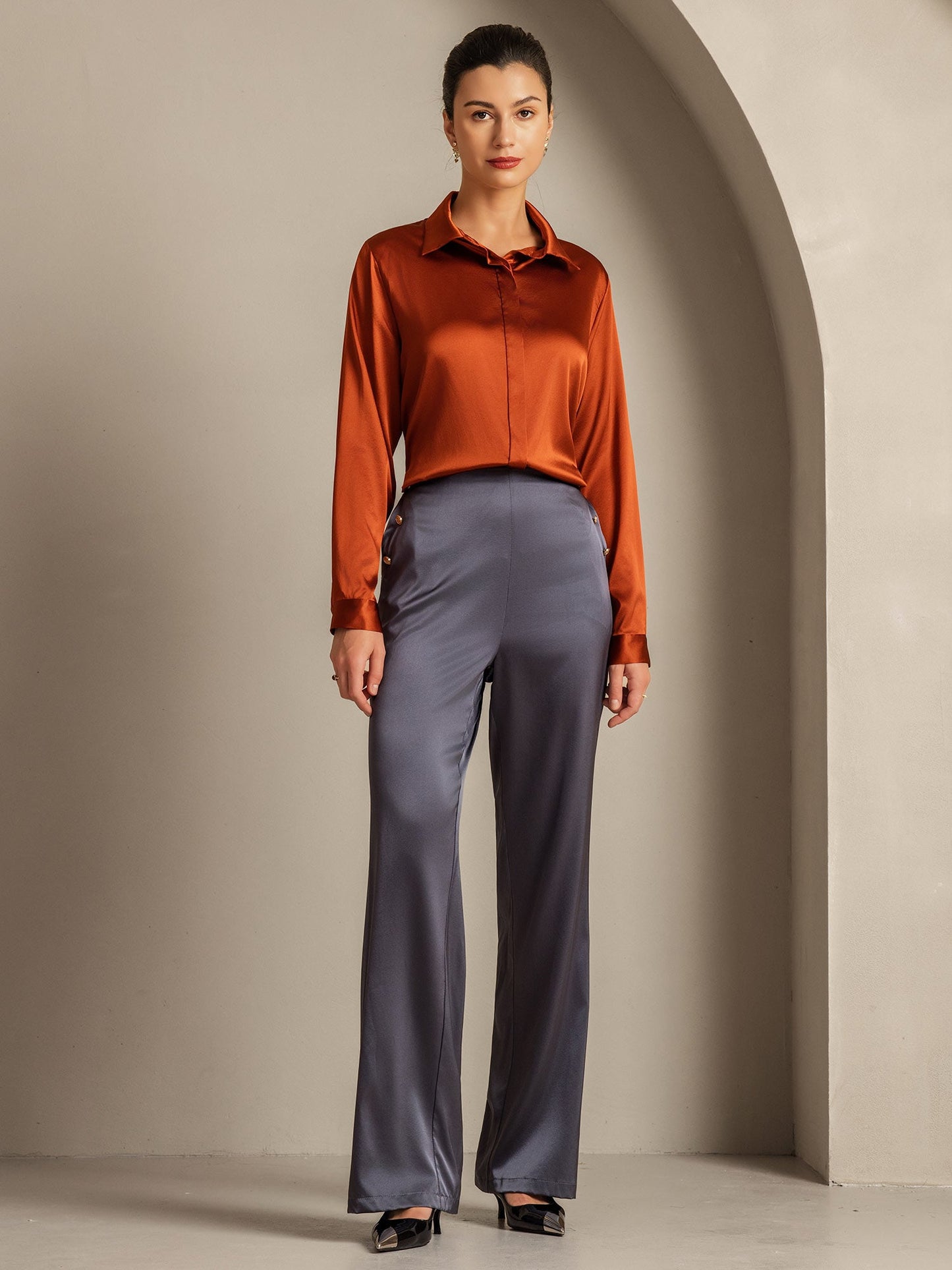 Rosstef 19Momme Silk Long Sleeve Lapel Collar Kadın Bluzu