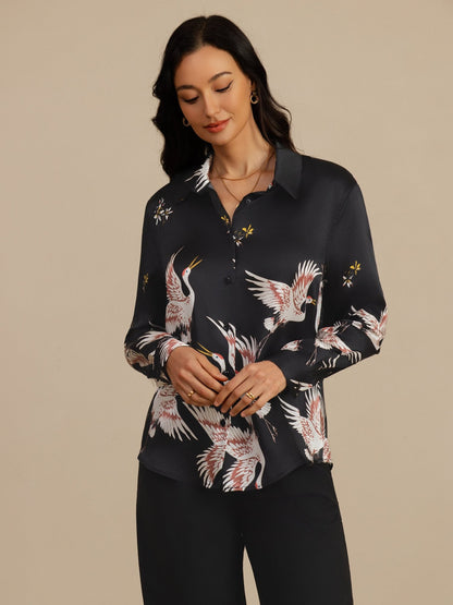 Rosstef 100% Mulberry Silk Long Sleeve Lapel Collar Women's Crane Print Button Blouse
