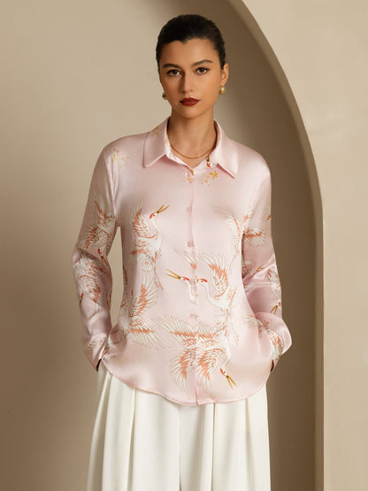 Rosstef 100% Mulberry Silk Long Sleeve Lapel Collar Women's Crane Print Button Blouse