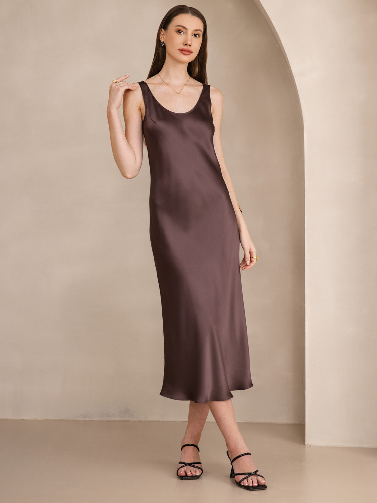 Rosstef 100% Mulberry Silk U Neck Midi Long Dress
