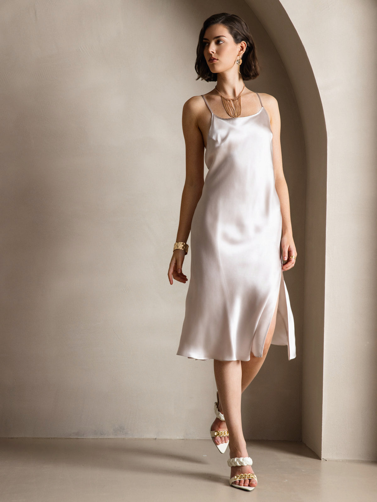 Rosstef Pure Silk Midi Dress with Criss Cross V-Back