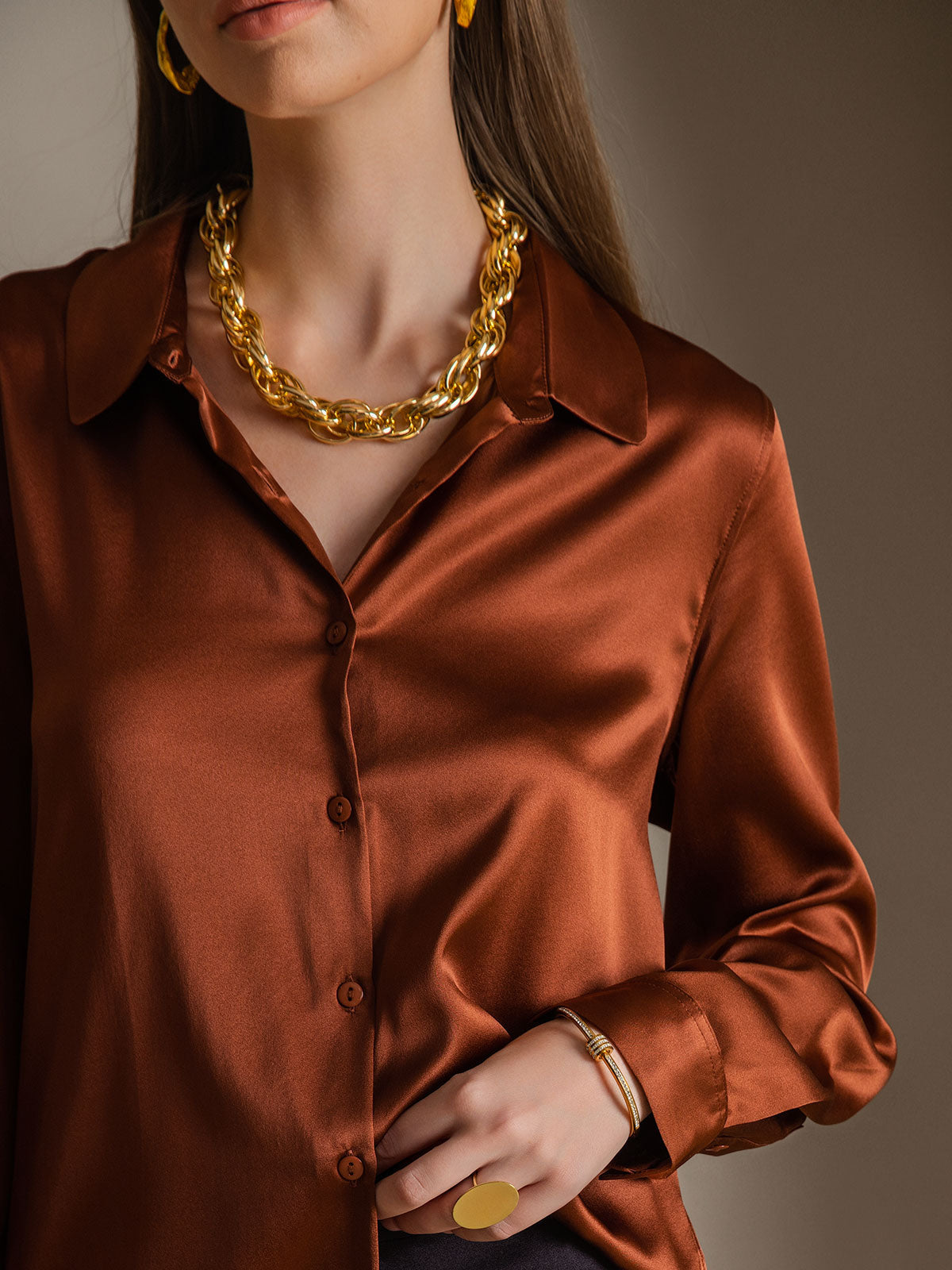 Rosstef 19Momme Silk Long Sleeve Lapel Collar Kadın Giyimi