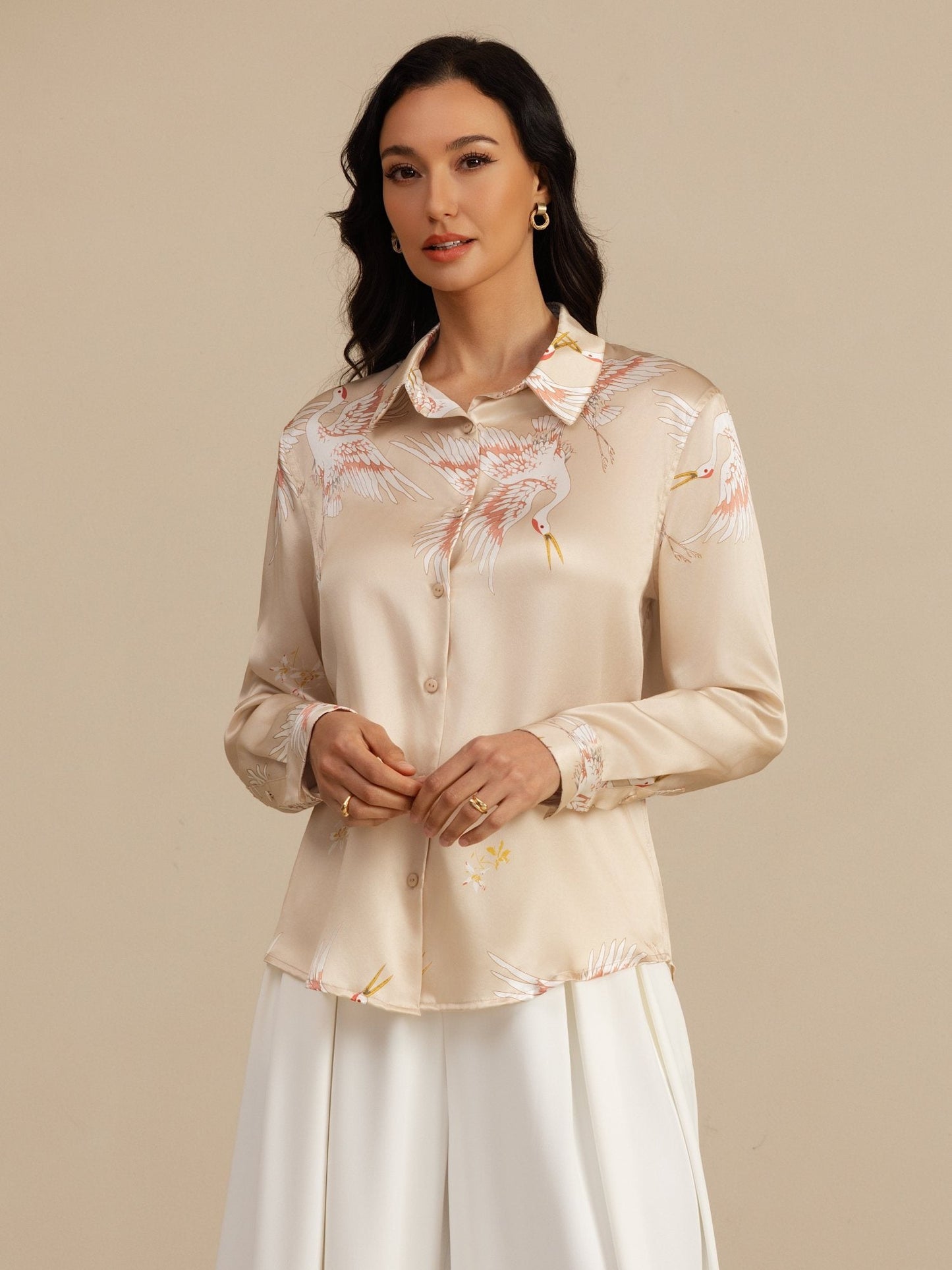 Rosstef 100% Mulberry Silk Long Sleeve Lapel Collar Women's Crane Print Button Blouse