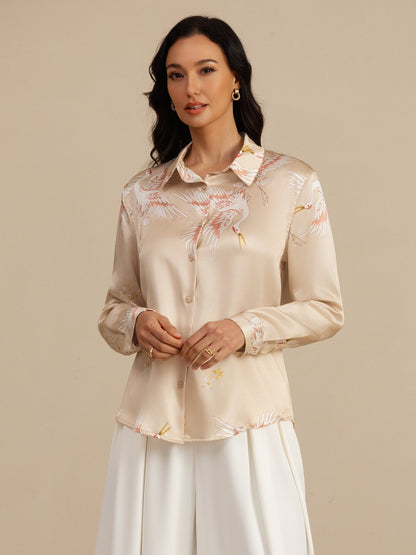 Rosstef 100% Mulberry Silk Long Sleeve Lapel Collar Women's Crane Print Button Blouse