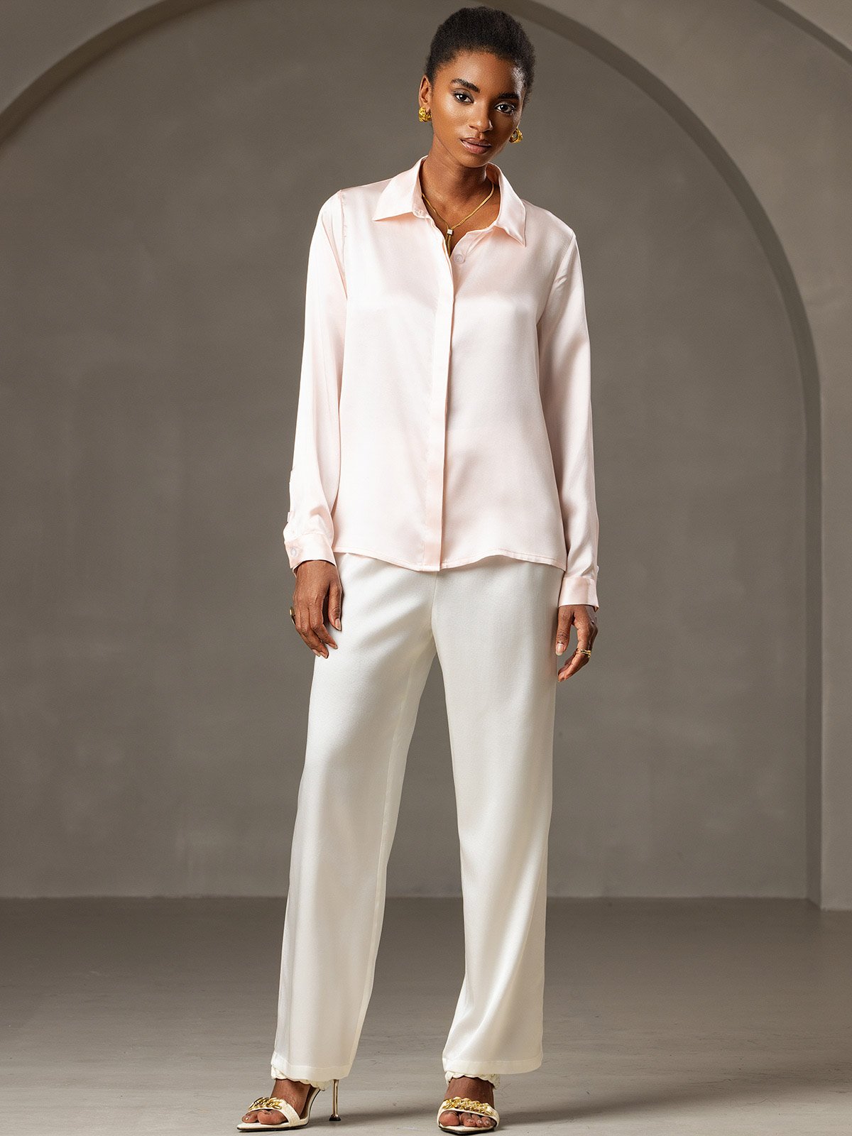 Rosstef 19Momme Silk Long Sleeve Lapel Collar Kadın Bluzu