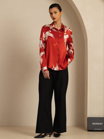 Rosstef 100% Mulberry Silk Long Sleeve Lapel Collar Women's Crane Print Button Blouse