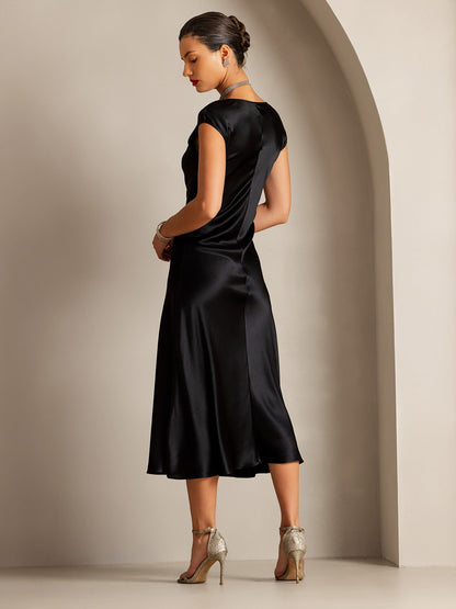Rosstef 19Momme Silk Cap Sleeve Round Neck Midi Dress