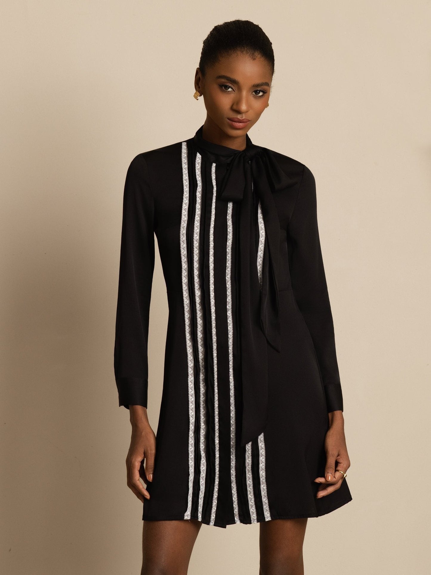Rosstef 19Momme Stretch Silk Tie-Neck Short Shirt Dress