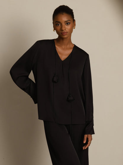 Rosstef 19Momme Stretch Silk V Neck Long Sleeve Blouse