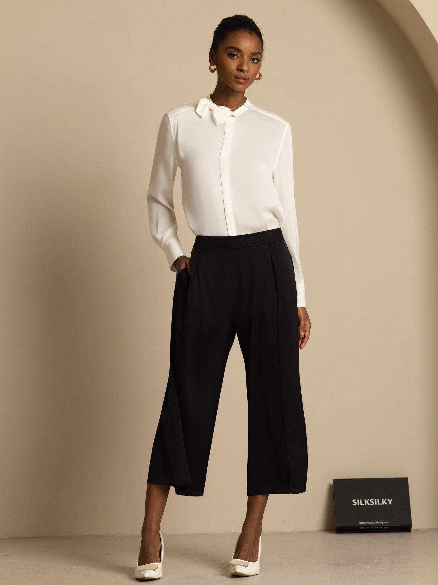 Rosstef 19Momme Stretch Silk Kadın Uzun Kollu Bow Bluzu