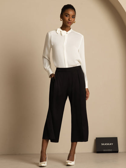 Rosstef 19Momme Stretch Silk Kadın Uzun Kollu Bow Bluzu