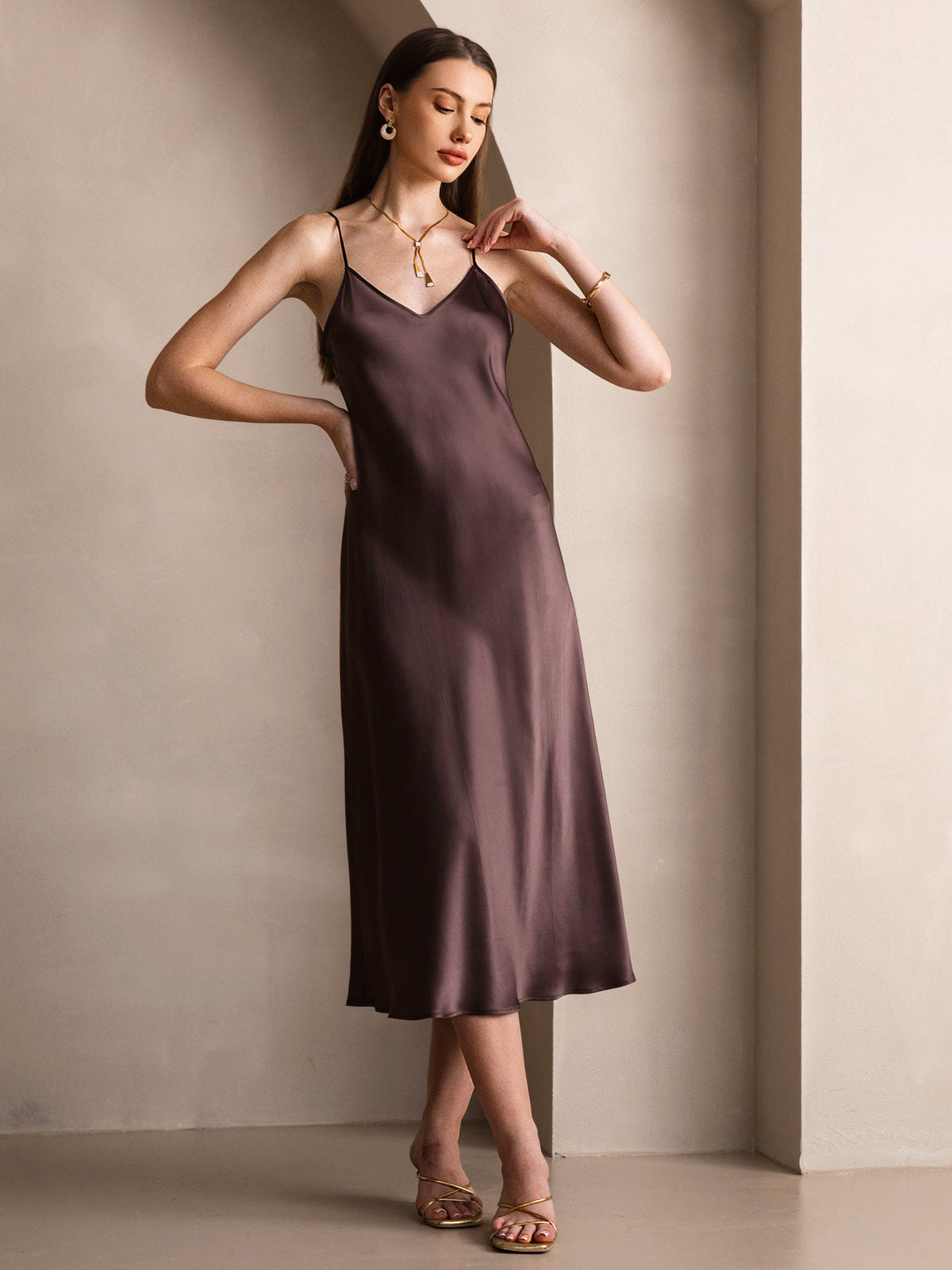 Rosstef 100% Mulberry Silk Spaghetti Strap V Neck Midi Dress