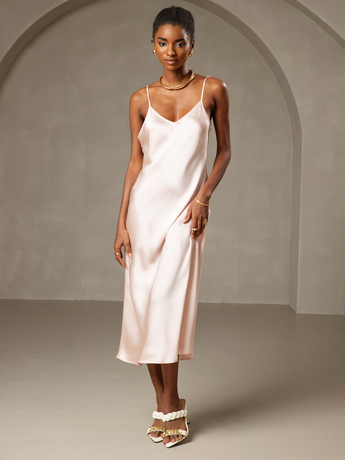 Rosstef 100% Mulberry Silk Spaghetti Strap V Neck Midi Dress