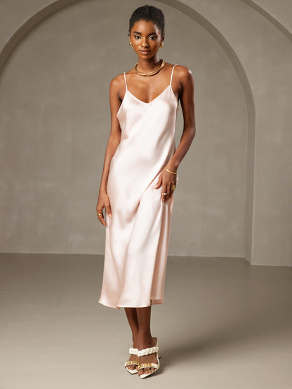 Rosstef 100% Mulberry Silk Spaghetti Strap V Neck Midi Dress