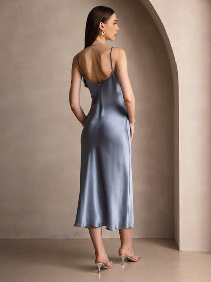 Rosstef 100% Mulberry Silk Spaghetti Strap V Neck Midi Dress