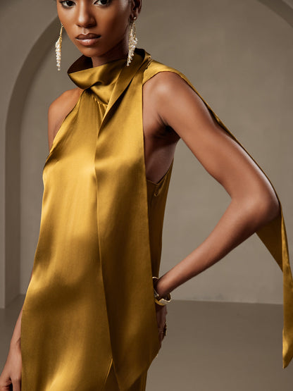 Rosstef 19Momme Silk Sleeveless Tie Neck Midi Dress