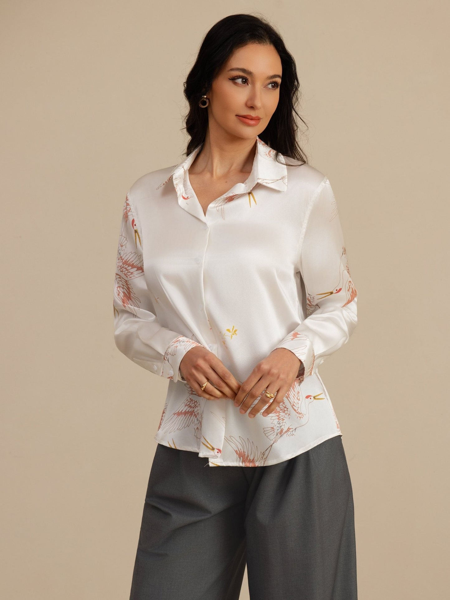 Rosstef 100% Mulberry Silk Long Sleeve Lapel Collar Women's Crane Print Button Blouse