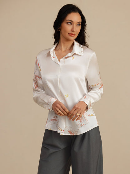 Rosstef 100% Mulberry Silk Long Sleeve Lapel Collar Women's Crane Print Button Blouse
