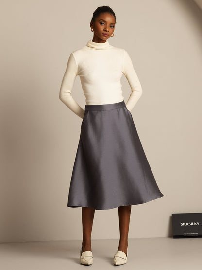 Rosstef 32Momme Silk-Wool Blend A Line Midi Skirt with Zipper Design