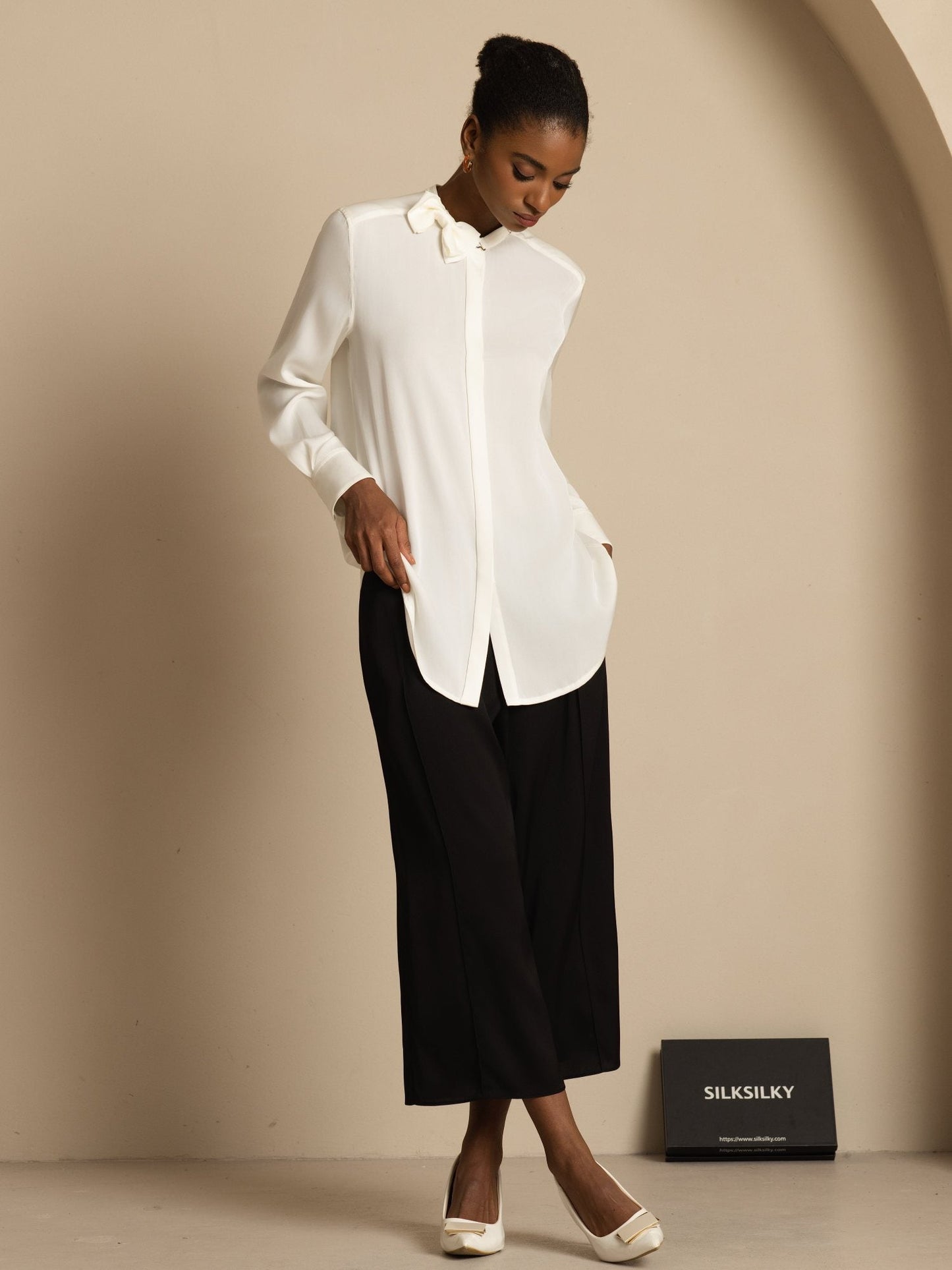 Rosstef 19Momme Stretch Silk Kadın Uzun Kollu Bow Bluzu