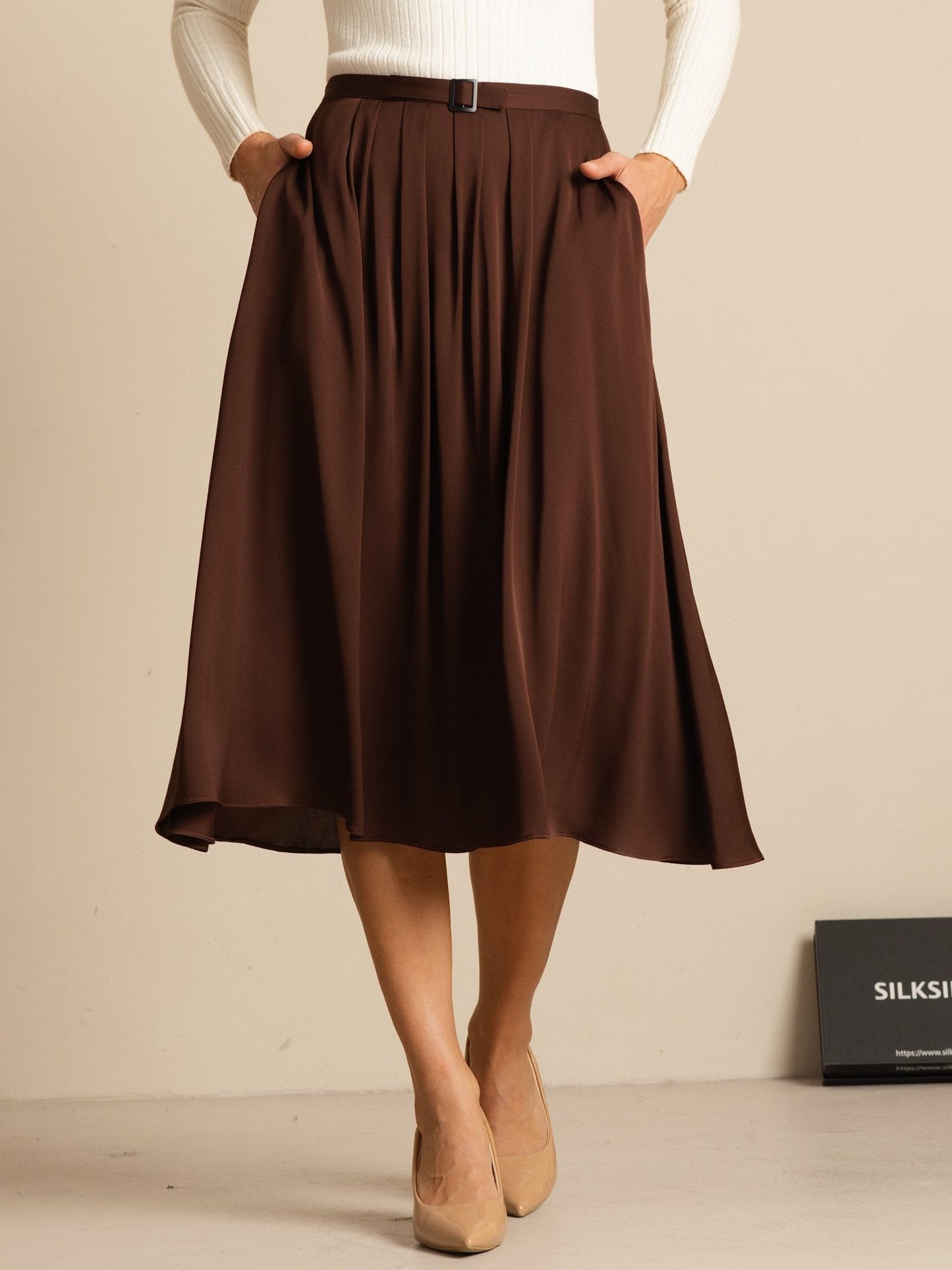 Rosstef 19Momme Silk Yüksek Kemerli Midi Şalvar ile Cep Pusurları
