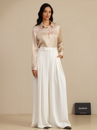 Rosstef 100% Mulberry Silk Long Sleeve Lapel Collar Women's Crane Print Button Blouse