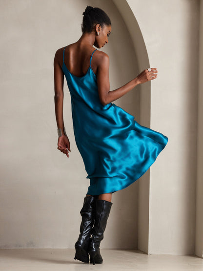 Rosstef 100% Mulberry Silk Spaghetti Strap V Neck Midi Dress