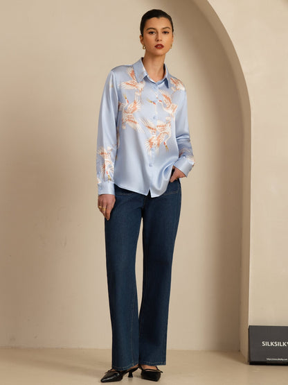 Rosstef 100% Mulberry Silk Long Sleeve Lapel Collar Women's Crane Print Button Blouse