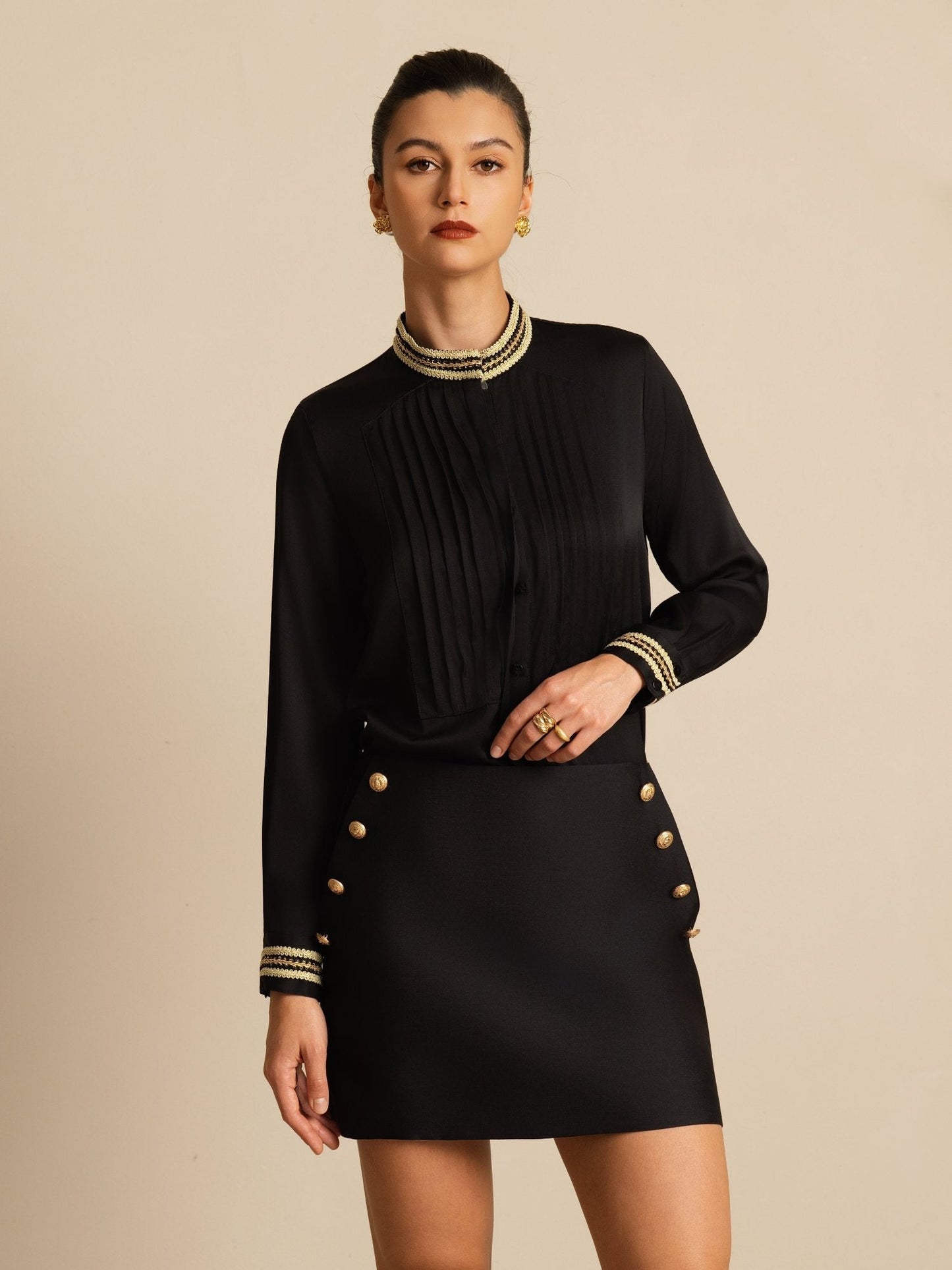 Rosstef 19Momme Stretch Silk Pleated Stand Collar Blouse