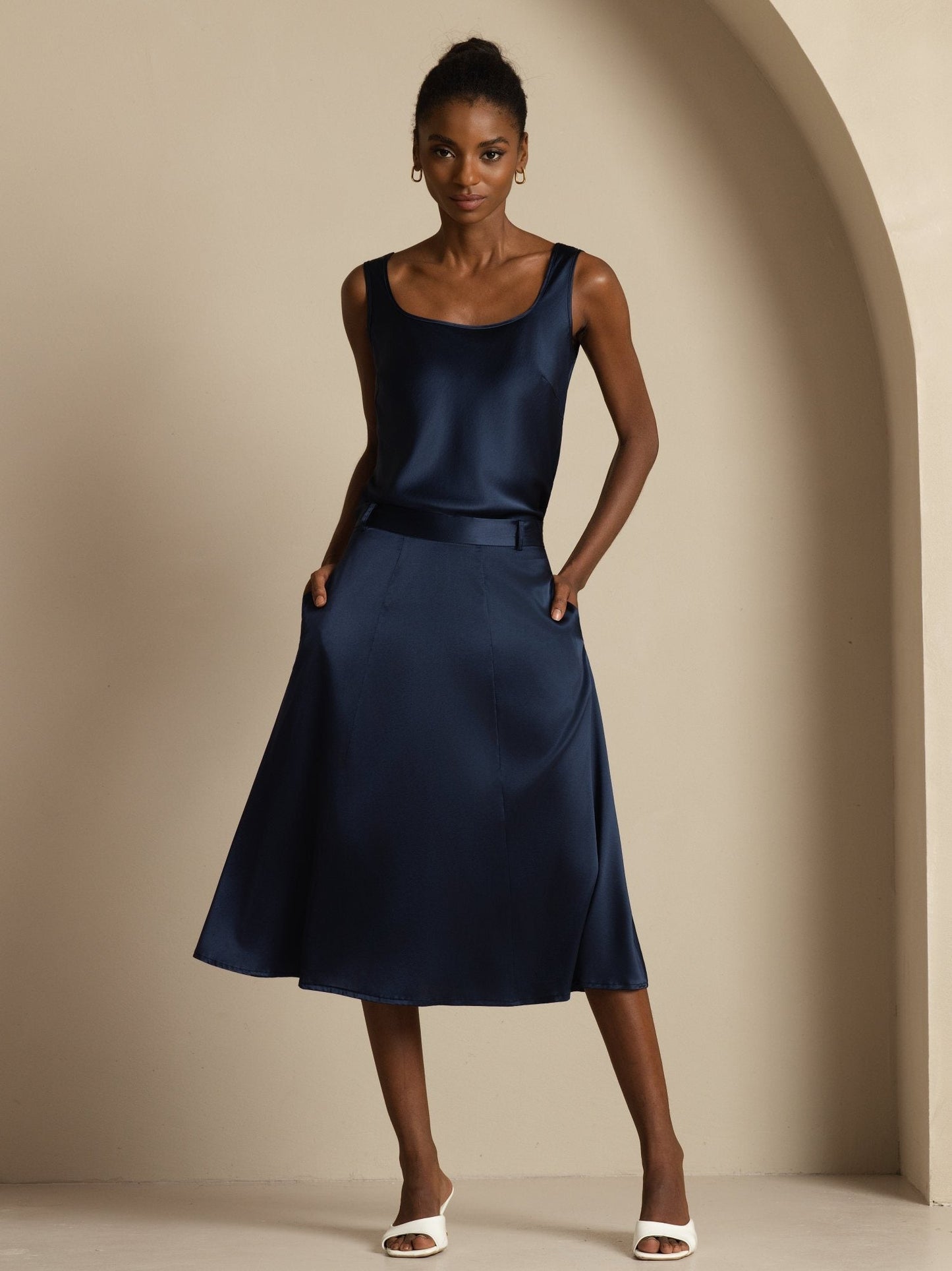 Rosstef Silk A-Line Midi Skirt with Pockets