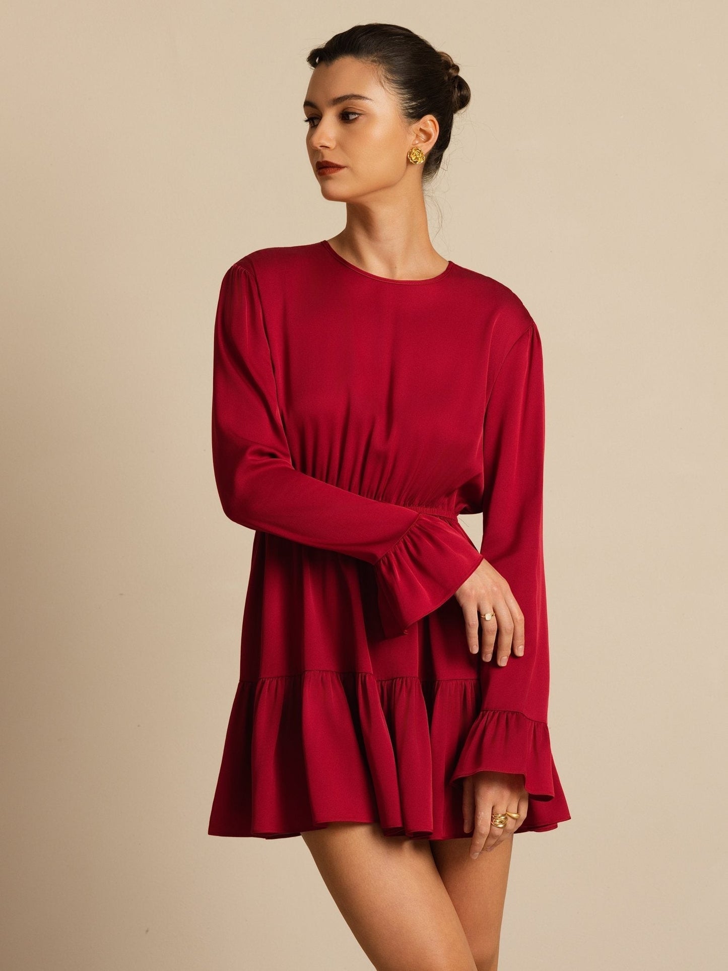 Rosstef 19Momme Stretch Silk Ruffle Sleeves Short Dress