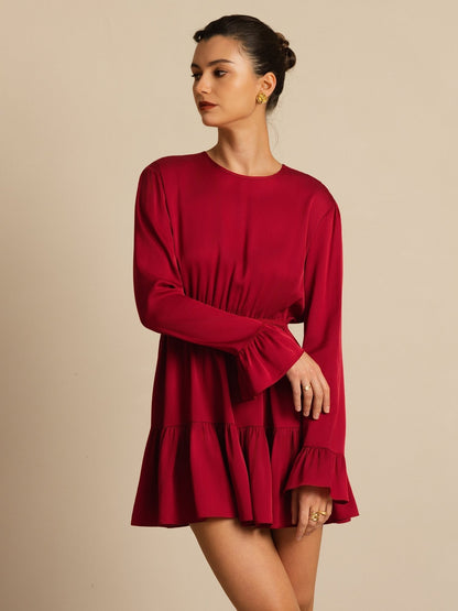 Rosstef 19Momme Stretch Silk Ruffle Sleeves Short Dress