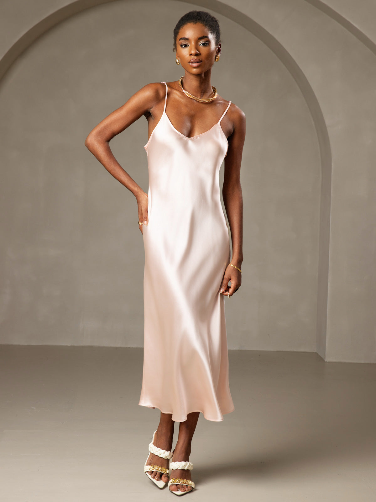 Rosstef 100% Mulberry Silk Spaghetti Strap Midi Long Dress