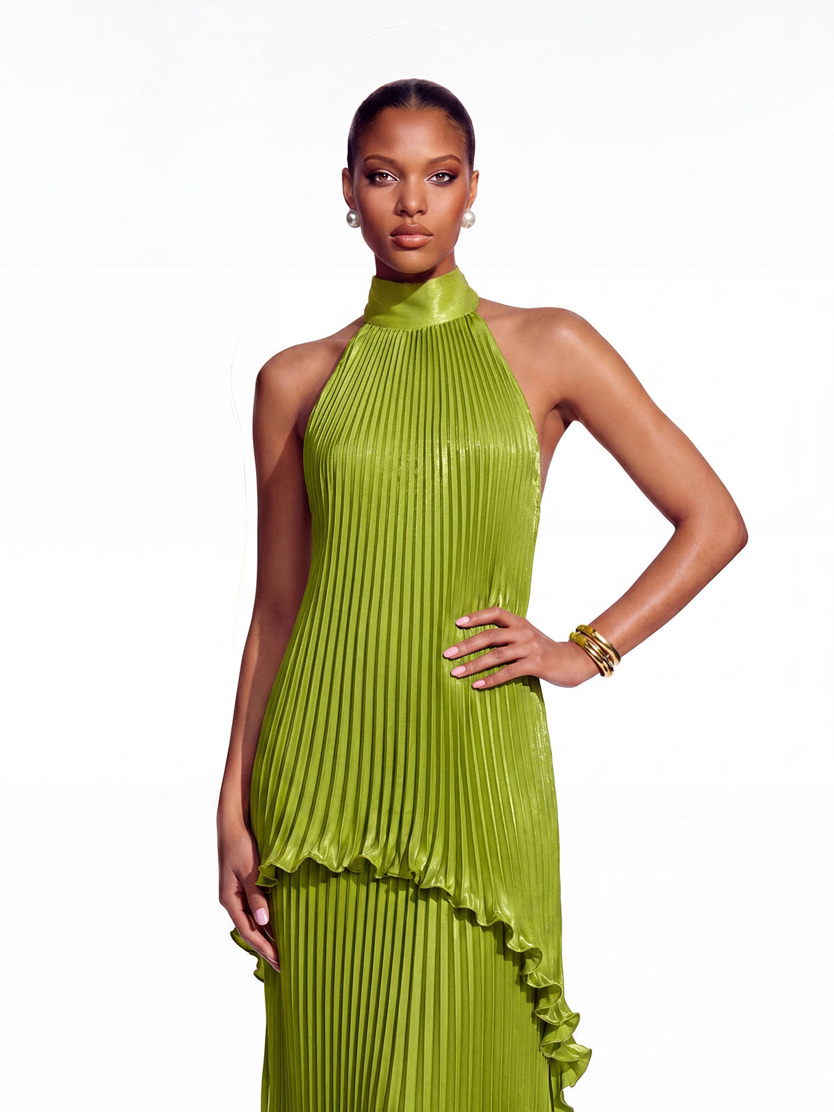 Sorynex Pleated Metallic Maxi Dress In Chartreuse