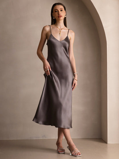 Rosstef 100% Mulberry Silk Spaghetti Strap V Neck Midi Dress