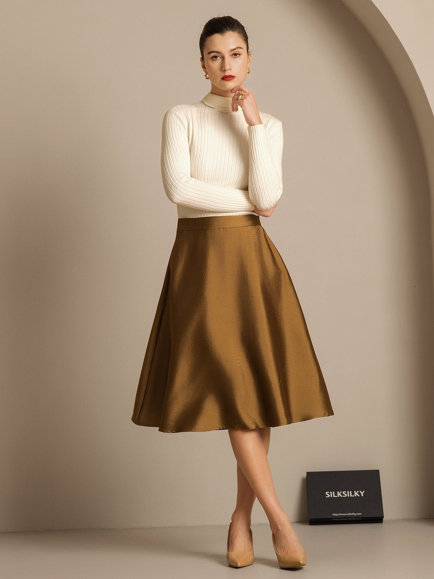Rosstef 32Momme Silk-Wool Blend A Line Midi Skirt with Zipper Design
