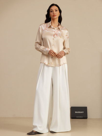 Rosstef 100% Mulberry Silk Long Sleeve Lapel Collar Women's Crane Print Button Blouse