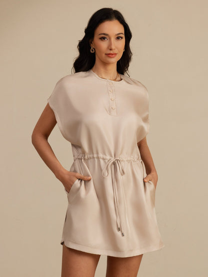 Rosstef Pure Silk Henley Neck Cap Sleeve Short Dress