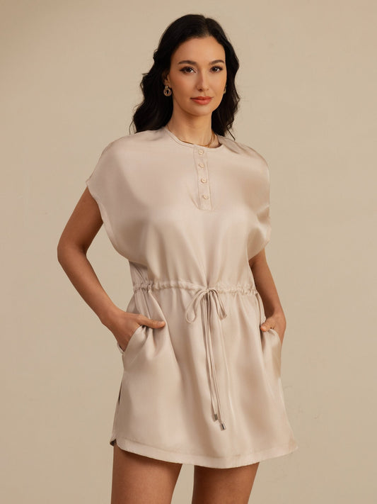 Rosstef Pure Silk Henley Neck Cap Sleeve Short Dress