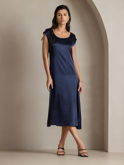 Rosstef 19Momme Silk Cap Sleeve Round Neck Midi Dress