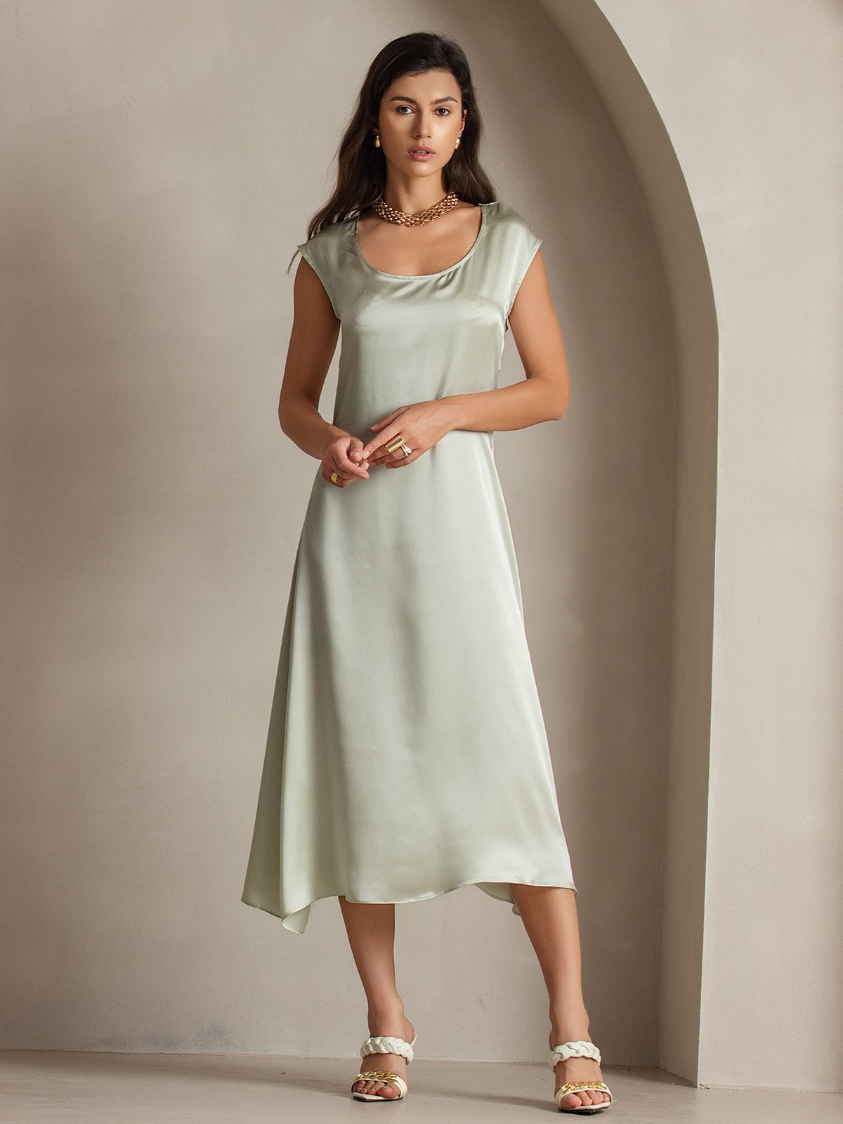 Rosstef 19Momme Silk Cap Sleeve Round Neck Midi Dress