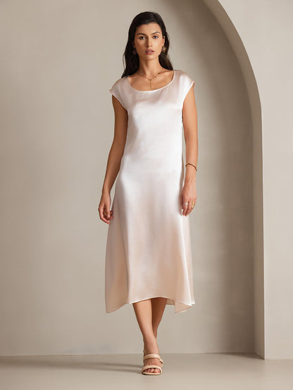 Rosstef 19Momme Silk Cap Sleeve Round Neck Midi Dress