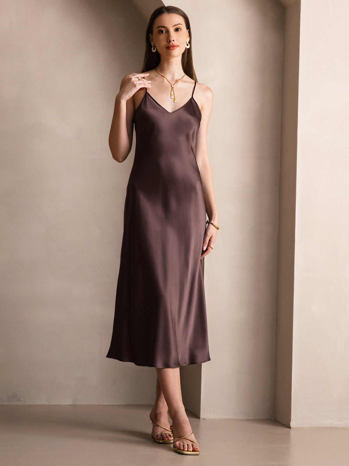 Rosstef 100% Mulberry Silk Spaghetti Strap Midi Long Dress
