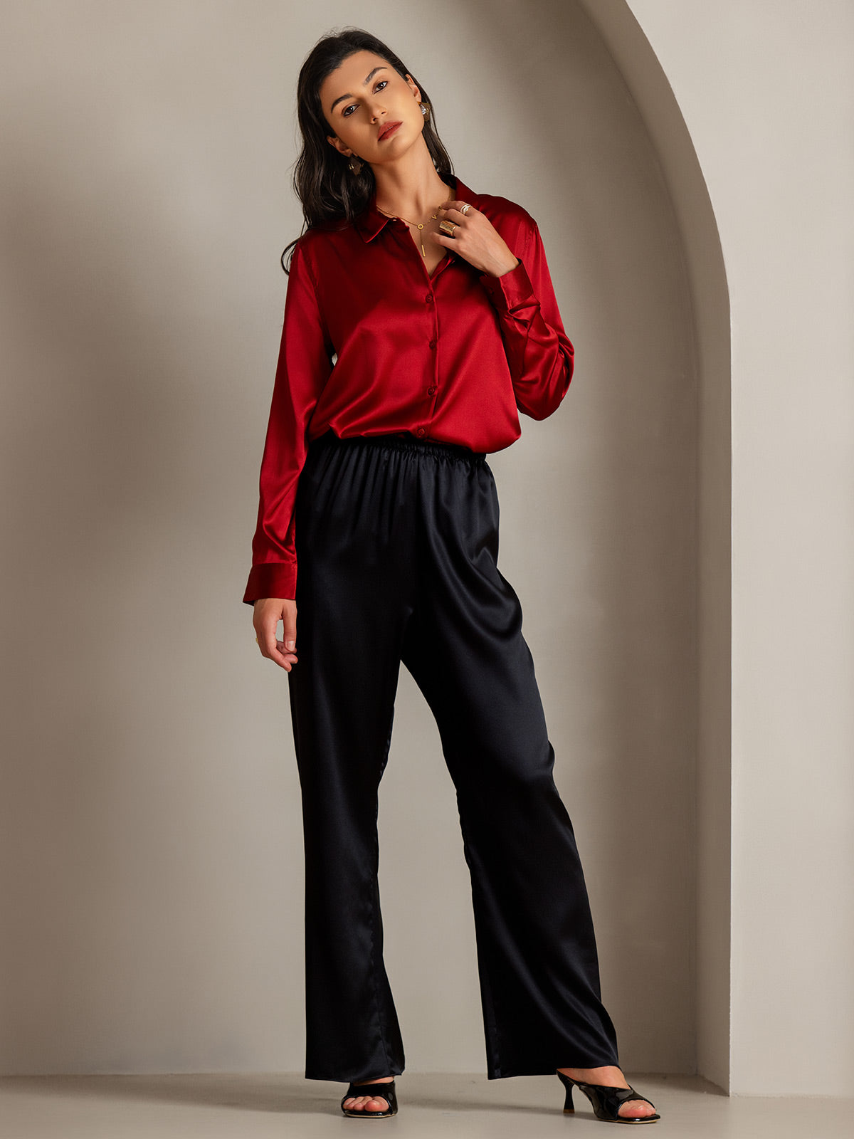 Rosstef 19Momme Silk Long Sleeve Lapel Collar Kadın Giyimi