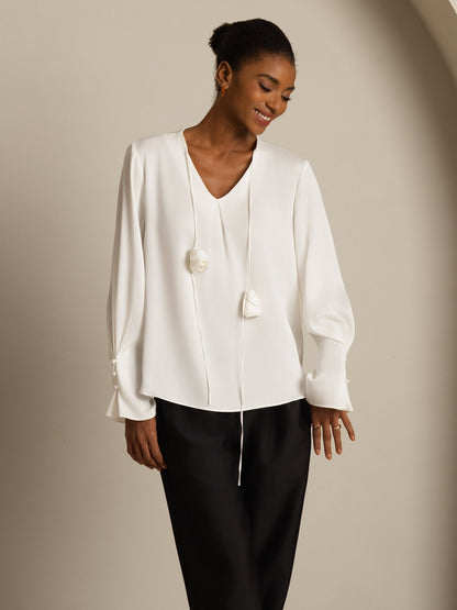 Rosstef 19Momme Stretch Silk V Neck Long Sleeve Blouse