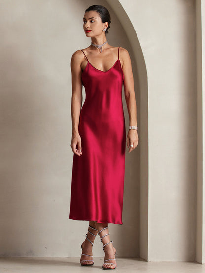 Rosstef 100% Mulberry Silk Spaghetti Strap V Neck Midi Dress