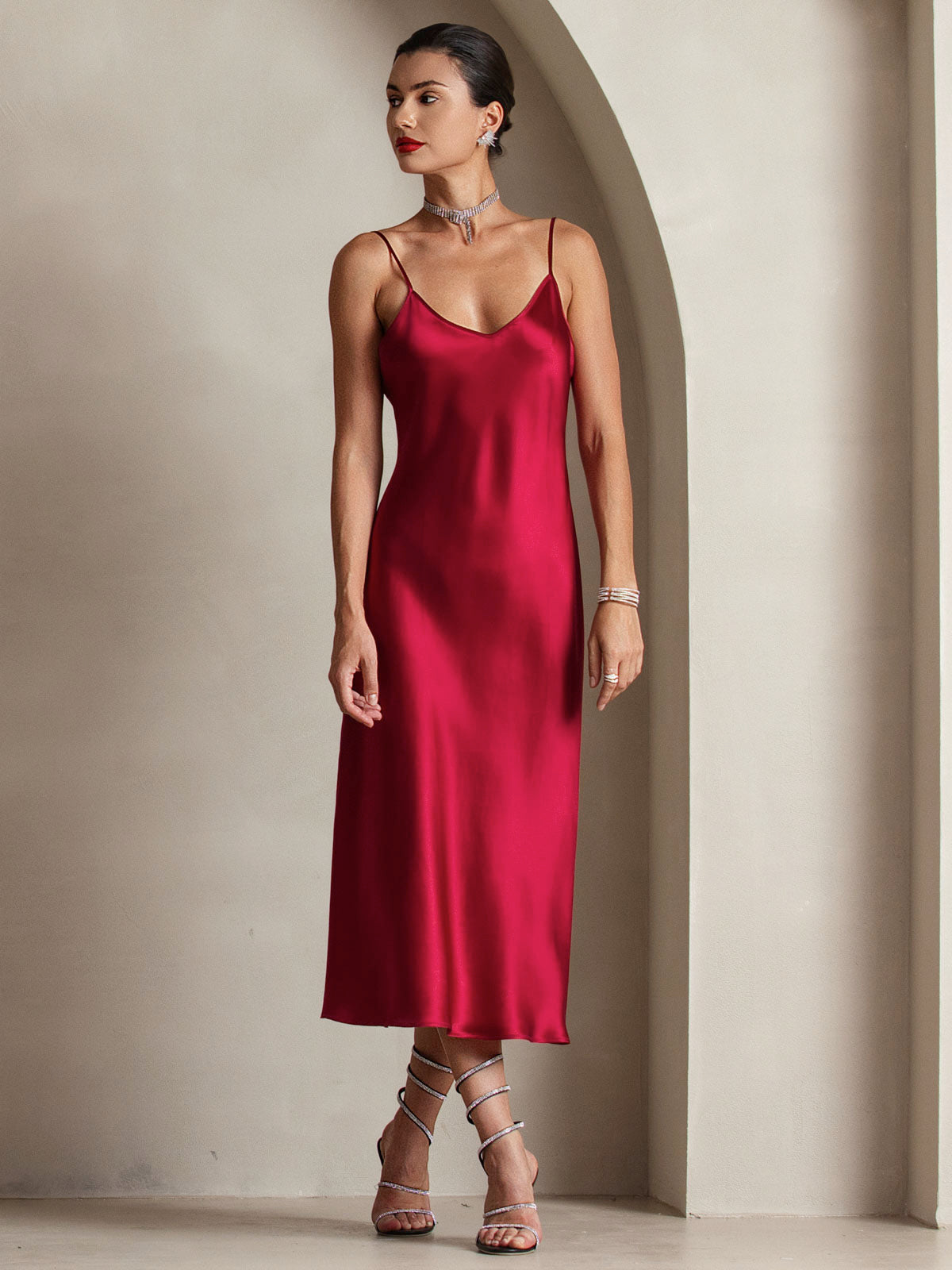 Rosstef 100% Mulberry Silk Spaghetti Strap Midi Long Dress